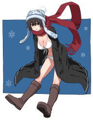 Rule 34 | 1girl, absurdres, bad id, bad pixiv id, bikini, boots, breasts, brown hair, cleavage, commentary, full body, hands in pockets, hat, highres, large breasts, original, scarf, side-tie bikini bottom, simple background, snowflakes, solo, swimsuit, tuskryo, white bikini