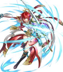 Rule 34 | 1girl, alternate costume, arm guards, armor, arrow (projectile), boots, bow (weapon), cape, circlet, energy arrow, female focus, fire emblem, fire emblem fates, fire emblem heroes, fujin yumi (fire emblem), full body, gloves, gold trim, highres, hinoka (fire emblem), holding, holding bow (weapon), holding weapon, japanese clothes, jewelry, katana, kita senri, knee boots, leg up, long sleeves, matching hair/eyes, nintendo, non-web source, official alternate costume, official art, open mouth, pelvic curtain, raijinto (fire emblem), red eyes, red hair, sheath, sheathed, short hair, solo, sword, thighs, transparent background, weapon