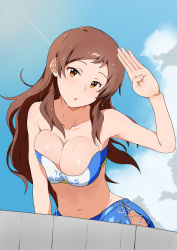 Rule 34 | 10s, 1girl, absurdres, blush, breasts, brown eyes, brown hair, cleavage, contrail, day, highres, idolmaster, idolmaster million live!, j yak47, kitazawa shiho, long hair, medium breasts, outdoors, solo, stomach, strapless, tube top, wet, wet hair
