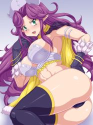 Rule 34 | 1girl, angela (seiken densetsu 3), armor, artist request, ass, bare shoulders, bikini armor, black gloves, blush, bracelet, breasts, cameltoe, cape, fang, fur-trimmed cape, fur-trimmed gloves, fur trim, gloves, green eyes, hair intakes, hat, headgear, highres, huge ass, jewelry, large breasts, long hair, looking at viewer, lying, magus (seiken densetsu 3), official alternate costume, on side, open mouth, parted bangs, pointy ears, purple hair, revealing clothes, seiken densetsu, seiken densetsu 3, shiny clothes, shiny skin, sidelocks, smile, solo, square enix, swept bangs, thighhighs, thighs, thong, tongue, very long hair