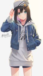 Rule 34 | 1girl, badge, bang dream!, baseball cap, black shorts, blue eyes, blush, brown hair, button badge, buttons, casual, clothes writing, cowboy shot, dated, denim, denim jacket, drawstring, gradient background, grey background, grey hoodie, hand in pocket, hand on headwear, hat, highres, hood, hood down, hoodie, jacket, long sleeves, looking at viewer, multicolored hair, okusawa misaki, open clothes, open jacket, parted lips, pink hair, poligon (046), short hair, shorts, signature, solo, two-tone hair, unbuttoned, white hat