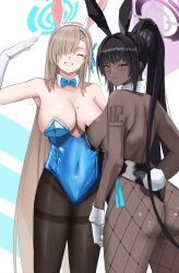 Rule 34 | 2girls, ^ ^, absurdres, animal ears, ass, asuna (blue archive), asuna (bunny) (blue archive), black pantyhose, blue archive, blue halo, blue leotard, breasts, brown hair, cleavage, closed eyes, commentary, dark-skinned female, dark skin, fake animal ears, fishnet pantyhose, fishnets, hair over one eye, halo, highres, karin (blue archive), karin (bunny) (blue archive), large breasts, leotard, looking at viewer, moji55a, mole, mole on breast, multiple girls, official alternate costume, pantyhose, playboy bunny, purple halo, rabbit ears, sideboob, smile, standing