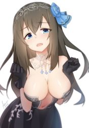 Rule 34 | 10s, 1girl, 2016, bent over, black dress, black gloves, black hair, blue eyes, blue flower, blue rose, blush, breasts, dress, flower, gloves, hair between eyes, hair flower, hair ornament, hairband, idolmaster, idolmaster cinderella girls, idolmaster cinderella girls starlight stage, large breasts, leaning forward, long hair, navel, open mouth, rose, sagisawa fumika, signature, simple background, solo, tilt-shift (azalanz), wavy mouth, white background