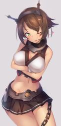Rule 34 | 10s, 1girl, bare shoulders, blush, breasts, brown hair, chain, cleavage, crossed arms, headgear, heart, highres, kantai collection, looking at viewer, metindone, midriff, miniskirt, mutsu (kancolle), navel, one eye closed, open mouth, pleated skirt, short hair, simple background, skirt, sleeveless, solo, standing, yellow eyes
