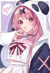 Rule 34 | 1girl, ahoge, akym, animal hood, blush, bow, bowtie, breasts, choker, earrings, fang, hair ornament, hand up, highres, hood, hood up, hooded jacket, jacket, jewelry, long sleeves, looking at viewer, mole, mole under eye, navel, nijisanji, open clothes, open jacket, open mouth, pink eyes, pink hair, sailor collar, sasaki saku, shirt, skirt, small breasts, solo, speech bubble, upper body, virtual youtuber, white shirt, white skirt, x hair ornament