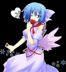 Rule 34 | 1girl, bare shoulders, blue eyes, blue hair, bow, chocolate, detached sleeves, female focus, gift, hair bow, half updo, heart, hemogurobin a1c, hemogurobina1c, holding, holding gift, mai (touhou), matching hair/eyes, mystic square, one eye closed, short hair, simple background, solo, touhou, touhou (pc-98), valentine, wings, wink, witch