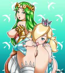 Rule 34 | 2016, 2girls, alternate hairstyle, anilingus, anus, artist name, ass, bare shoulders, blonde hair, blue eyes, breasts, clitoral hood, crossover, crown, dated, earrings, green eyes, green hair, hair over one eye, highres, jewelry, kid icarus, licking, lips, looking at another, looking back, low twintails, mario (series), multiple girls, nail polish, nintendo, nipples, open mouth, oral, palutena, pussy, revtilian, rosalina, short twintails, single thighhigh, super mario galaxy, sweat, thighhighs, tongue, tongue out, twintails, uncensored, yuri