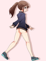 Rule 34 | 1girl, ass, bare legs, female focus, full body, highres, jacket, long sleeves, naked jacket, saki (manga), simple background, solo, takakamo shizuno, track jacket