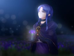 Rule 34 | 1girl, black gloves, blue hair, blurry, blurry background, cape, choker, dress, fate/stay night, fate (series), flower, gloves, lens flare, long hair, looking up, medea (fate), open mouth, pointy ears, purple cape, purple dress, purple eyes, purple flower, same jarashi, solo, upper body