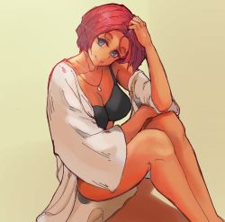 Rule 34 | 1girl, black bra, blue eyes, bra, breasts, cleavage, dark-skinned female, dark skin, feet out of frame, giovanna (guilty gear), guilty gear, guilty gear strive, head tilt, jewelry, large breasts, legs together, lips, looking at viewer, off shoulder, open clothes, open shirt, pendant, red hair, shirt, short hair, smile, solo, taobaka, underwear, white shirt