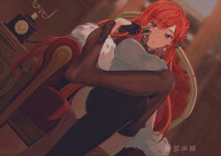 Rule 34 | 1girl, absurdres, antique phone, azur lane, black gloves, braid, china dress, chinese clothes, crown braid, dress, dutch angle, feather boa, feet, gloves, grey dress, half gloves, highres, huge filesize, jintianhuahualema, legs, long hair, looking at viewer, monarch (azur lane), monarch (black gerard) (azur lane), phone, purple eyes, red hair, rotary phone, sitting, solo, taut clothes, taut dress, thighhighs