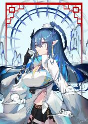 Rule 34 | 1girl, absurdres, architecture, arknights, black gloves, black shorts, blue eyes, blue hair, braid, braided ponytail, breasts, cleavage, cloud, coat, commentary, cowboy shot, cup, detached collar, dragon horns, dress, earrings, east asian architecture, english commentary, gloves, hair between eyes, highres, holding, holding cup, horns, jewelry, large breasts, leria v, ling (arknights), long hair, midriff, multicolored hair, navel, necktie, open clothes, open coat, parted lips, pointy ears, short shorts, shorts, smile, solo, standing, streaked hair, tassel, tassel earrings, thigh strap, two-tone hair, white coat, white dress, white hair, yellow necktie