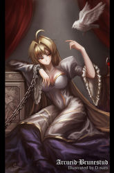 Rule 34 | 00s, 1girl, ahoge, archetype earth, arcueid brunestud, artist name, bird, blonde hair, border, breasts, chain, chained, chain, character name, cleavage, cup, d.sum, dress, drinking glass, female focus, hair intakes, highres, large breasts, long dress, long hair, pillarboxed, puffy sleeves, red eyes, solo, tsukihime, very long hair, wide sleeves, wine glass