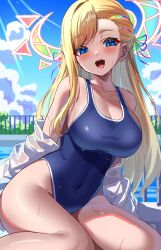 1girl bare_shoulders blonde_hair blue_eyes blue_one-piece_swimsuit blue_sky blurry blurry_background blush breasts cleavage cloud commentary_request competition_swimsuit covered_navel day film_grain hair_ribbon hamukiri highleg highleg_one-piece_swimsuit highres large_breasts long_hair looking_at_viewer mana_(monster_strike) monster_strike off_shoulder one-piece_swimsuit open_mouth outdoors pool poolside ribbon see-through_clothes see-through_shirt shirt shirt_partially_removed sitting sky smile solo swept_bangs swimsuit teeth thighs tongue upper_teeth_only very_long_hair water_drop wet white_shirt yokozuwari