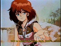 Rule 34 | 1990s (style), 1girl, blue eyes, blush, breasts, brown hair, commentary, david liu, english commentary, english text, jewelry, kairi (kingdom hearts), kingdom hearts, kingdom hearts iii, looking at viewer, nose blush, outstretched hand, parody, pendant, reaching, reaching towards viewer, retro artstyle, short hair, short sleeves, small breasts, solo, style parody, subtitled, vhs artifacts