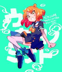 Rule 34 | 1girl, absurdres, blue shoes, blush, cephalopod eyes, dress, exposed thigh, green background, highres, horizontal pupils, kitaya, looking at viewer, octopus girl, omote meme, orange eyes, orange hair, own hands clasped, pac-man eyes, sailor collar, sailor dress, shoes, sitting, smile, tentacle hair, text background, untranslated, utakata no minato