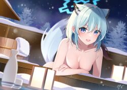 Rule 34 | 1girl, animal ears, blue archive, blue hair, bottle, breasts, choko (cup), cleavage, collarbone, crossed arms, crossed bangs, cup, guri (gri1211), halo, light green hair, medium breasts, nude, onsen, open mouth, pink eyes, sake bottle, shigure (blue archive), shigure (hot spring) (blue archive), short hair, smile, snow, snowing, solo, tail, weasel ears, weasel girl, weasel tail