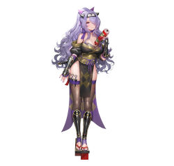 Rule 34 | 1girl, absurdres, arm guards, bare shoulders, blush, breasts, camilla (fire emblem), camilla (ninja) (fire emblem), choker, cleavage, closed mouth, commentary request, elbow gloves, fake horns, feet, fingerless gloves, fingernails, fire emblem, fire emblem fates, fire emblem heroes, fishnets, flower, gloves, gold trim, hair ornament, hair over one eye, highres, holding, horns, japanese clothes, knife belt, kunai, large breasts, legs, long hair, looking at viewer, nail polish, ninja, nintendo, official art, pelvic curtain, ponytail, purple eyes, purple hair, rose, sandals, scroll, sencha (senchat), shiny clothes, simple background, smile, solo, standing, thighhighs, toenail polish, toenails, toes, weapon, white background