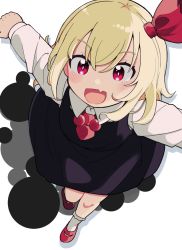 Rule 34 | 1girl, black skirt, black vest, blonde hair, bobby socks, collared shirt, darkness, fang, hair ribbon, happy, long sleeves, mary janes, medium hair, necktie, open mouth, outstretched arms, red eyes, red footwear, red necktie, red ribbon, ribbon, rumia, shirt, shoes, simple background, skin fang, skirt, skirt set, socks, solo, spread arms, touhou, translation request, vest, white background, white shirt, white socks, yamase