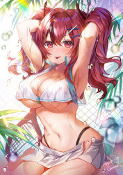 Rule 34 | 1girl, apple caramel, armpits, arms up, artist name, azur lane, bare shoulders, barefoot, blurry, blurry foreground, bottle, bow, breasts, bremerton (azur lane), bremerton (scorching-hot training) (azur lane), chain-link fence, cleavage, collarbone, collared shirt, covered erect nipples, crop top, crop top overhang, day, depth of field, fence, hair between eyes, hair intakes, hair lift, hair ornament, hairclip, highleg, highres, large breasts, long hair, looking at viewer, midriff, miniskirt, multicolored hair, navel, no bra, no mole, open clothes, open skirt, panties, pink hair, plant, pleated skirt, racket, red eyes, red hair, shirt, signature, sitting, skirt, sleeveless, sleeveless shirt, smile, solo, sportswear, stomach, sunlight, tennis racket, tennis uniform, thighs, tongue, tongue out, twintails, two-tone hair, underboob, undersized clothes, underwear, water, water bottle, wet, wet clothes, wet panties, wet shirt, white shirt, white skirt, x hair ornament