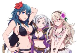 Rule 34 | 3girls, belt, bikini, bikini skirt, black bikini, blonde hair, blue eyes, blue hair, braid, breasts, byleth (female) (fire emblem), byleth (female) (summer) (fire emblem), byleth (fire emblem), cleavage, coat, coat on shoulders, commentary request, corrin (female) (fire emblem), corrin (female) (summer) (fire emblem), corrin (fire emblem), dagger, fire emblem, fire emblem: three houses, fire emblem awakening, fire emblem fates, fire emblem heroes, flower, flower necklace, french braid, grey eyes, hair flower, hair ornament, hairband, hibiscus, hiyori (rindou66), jewelry, knife, large breasts, lei, looking at viewer, medium breasts, multiple girls, navel, necklace, nintendo, o-ring, o-ring bikini, official alternate costume, parted lips, purple flower, red eyes, red flower, robin (female) (fire emblem), robin (fire emblem), simple background, slit pupils, swimsuit, trait connection, twintails, upper body, weapon, white background, white bikini, white hair