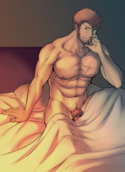 Rule 34 | 1boy, abs, bara, beard, bed, blue eyes, brown hair, completely nude, facial hair, fate/grand order, fate (series), large pectorals, long sideburns, looking at viewer, male focus, muscular, napoleon bonaparte (fate), nipples, nude, pectorals, penis, penis peek, pubic hair, raised eyebrows, scar, sideburns, sitting, smile, smirk, solo, unplugged line