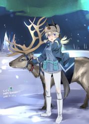 Rule 34 | 1girl, animal ears, aohashi ame, aurora, black gloves, black hat, blonde hair, blue eyes, blue jacket, boots, character name, dated, dog ears, dog tail, eila ilmatar juutilainen, english text, fur hat, gloves, hand in own hair, happy birthday, hat, highres, jacket, knee boots, long hair, military, military uniform, night, night sky, pantyhose, reindeer, sky, snow, solo, star (sky), starry sky, strike witches, tail, uniform, ushanka, white footwear, white pantyhose, wind, wind lift, world witches series, zipper