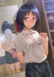 Rule 34 | 1boy, 1girl, arm behind back, artist logo, artist name, baseball cap, black shorts, blue hair, blush, brown eyes, closed mouth, clothes writing, commentary request, cowboy shot, dutch angle, fingernails, gift, gym shirt, gym shorts, gym uniform, hand up, hat, hat on back, highres, holding, holding gift, indoors, long fingernails, looking back, mirror, nose blush, original, pairan, parted bangs, pov, reflection, shelf, shirt, shoes, short sleeves, shorts, smile, solo focus, standing, white hat, white shirt, zipper, zipper pull tab