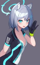 Rule 34 | 1girl, absurdres, animal ears, blue archive, blue eyes, breasts, gloves, grey background, halo, highres, jirari, medium breasts, shiroko (blue archive), shiroko (cycling) (blue archive), solo, upper body