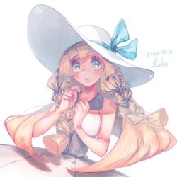 Rule 34 | 1girl, blonde hair, blue ribbon, blunt bangs, braid, collared dress, commentary request, creatures (company), dated, dress, eyelashes, game freak, green eyes, hat, hat ribbon, highres, lillie (pokemon), long hair, looking up, nintendo, parted lips, pokemon, pokemon sm, r.aka., ribbon, signature, sleeveless, sleeveless dress, solo, sun hat, sundress, twin braids, white dress, white hat