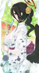 Rule 34 | 1girl, alternate costume, alternate hairstyle, bag, black choker, black hair, black wings, blue archive, blush, breasts, choker, commentary request, emirio (emirio110), floral print, from side, hair between eyes, hair ornament, hand fan, hasumi (blue archive), highres, holding, holding fan, japanese clothes, kimono, lantern, large breasts, long hair, long sleeves, looking at viewer, low wings, mole, mole under eye, obi, parted lips, ponytail, profile, sash, see-through, solo, wide sleeves, wings, yukata