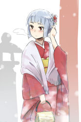 Rule 34 | 10s, 1girl, alternate costume, alternate hairstyle, bag, blush, flower, hair flower, hair ornament, handbag, japanese clothes, kantai collection, kimono, long sleeves, murakumo (kancolle), nathaniel pennel, pennel, personification, red eyes, silver hair, solo, wide sleeves