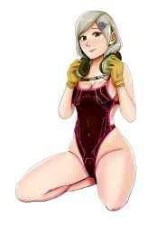 Rule 34 | 1girl, blush, breasts, brown eyes, cleavage, closed mouth, flower, gloves, hair flower, hair ornament, hairclip, headset, looking at viewer, metal gear (series), metal gear rising: revengeance, short hair, silver hair, solo, sunny emmerich, swimsuit, transparent background, white background