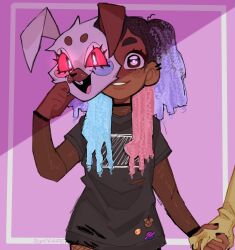 Rule 34 | 1girl, 1other, artist name, artist self-insert, black hair, black nails, black shirt, blue hair, character request, commentary, dark-skinned female, dark skin, ear piercing, fishnet pantyhose, fishnets, five nights at freddy&#039;s, highres, holding, holding hands, holding mask, mask, multicolored hair, original, pantyhose, pcktknife, piercing, pink hair, purple eyes, purple hair, see-through, see-through shirt, shirt, signature, smile, torn clothes, torn shirt, two side up, vanny (fnaf)