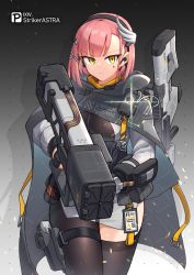 Rule 34 | 1girl, absurdres, black pantyhose, cloak, commentary request, earpiece, green eyes, gun, hairband, highres, holster, id card, looking at viewer, missile pod, original, pantyhose, pink hair, rifle, rocket launcher, sherman (egnk2525), single thighhigh, solo, thigh holster, thighhighs, tsurime, weapon, weapon on back