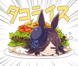 Rule 34 | 1girl, animal ears, black hat, blue flower, blue rose, brown hair, commentary request, flower, food, gyokuto b, hat, hat flower, horse ears, horse girl, in food, long hair, lying, on stomach, plate, rice shower (umamusume), rose, sleeping, solo, taco rice, tilted headwear, triangle mouth, umamusume