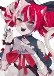 Rule 34 | 1girl, :d, absurdres, animal ear fluff, animal ears, bandaged arm, bandages, black nails, blush, bow, cat ears, cat girl, cat tail, claw pose, colored skin, commentary, double bun, english commentary, extra ears, green eyes, grey skin, hair bun, highres, hololive, hololive indonesia, knees up, kureiji ollie, looking at viewer, multicolored hair, nail polish, open mouth, patchwork skin, paw pose, red bow, red eyes, red hair, silver hair, smile, solo, stitched arm, stitched face, stitches, tail, torn clothes, two-tone hair, upper body, virtual youtuber, vitaminechan, yellow eyes, zombie