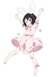 Rule 34 | 1girl, absurdres, animal ears, ankle ribbon, bare legs, barefoot, black hair, breasts, carrot necklace, commentary request, dress, floppy ears, full body, happy, highres, inaba tewi, jewelry, kt kkz, leg ribbon, necklace, open mouth, pink dress, puffy short sleeves, puffy sleeves, rabbit ears, rabbit girl, rabbit tail, red eyes, ribbon, ribbon-trimmed dress, short hair, short sleeves, simple background, small breasts, solo, tail, toes, touhou, white background