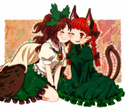 Rule 34 | 2girls, animal ears, bad id, bad pixiv id, black wings, blush, bow, braid, brown hair, cape, cat ears, cat girl, cat tail, cheek-to-cheek, couple, dotted line, dress, extra ears, closed eyes, fang, female focus, friends, green dress, grin, hair bow, hair ribbon, happy, heads together, kaenbyou rin, multiple girls, multiple tails, nekomata, no nose, one eye closed, open mouth, pentagon (uzus), red eyes, red hair, reiuji utsuho, ribbon, shirt, sitting, skirt, smile, tail, third eye, touhou, twin braids, v arms, wings, wink, yuri