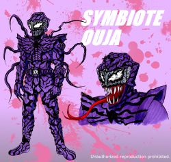 Rule 34 | crossover, gradient background, highres, kamen rider, kamen rider ouja, kamen rider ryuki (series), marvel, no humans, sharp teeth, solo, symbiote, tatsumi kei (t k), teeth, tongue, tongue out, traditional media