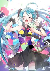 Rule 34 | 1girl, absurdres, ahoge, blue hair, blush, closed eyes, collared shirt, hands up, hatsune miku, highres, long hair, multicolored clothes, nagitofuu, necktie, open mouth, shirt, skirt, sleeveless, sleeveless shirt, solo, song name, tell your world (vocaloid), thighhighs, twintails, very long hair, vocaloid, wrist cuffs