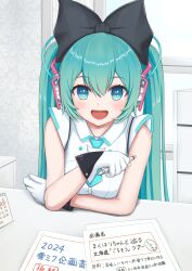 Rule 34 | 1girl, aqua eyes, aqua hair, aqua necktie, black bow, bow, cable, calendar (object), commentary, crossed arms, gloves, hair bow, hatsune miku, headphones, highres, holding, holding pen, indoors, leaning forward, light blush, long hair, looking at viewer, magical mirai (vocaloid), magical mirai miku, magical mirai miku (2016), necktie, nekoinu bamboo, paper, pen, shirt, short necktie, sitting, sleeveless, sleeveless shirt, smile, solo, translated, twintails, upper body, very long hair, vocaloid, white gloves, white shirt, window