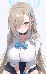 Rule 34 | 1girl, absurdres, asuna (blue archive), blue archive, blue eyes, bow, bowtie, highres, icetea774, light brown hair, long hair, looking at viewer, shirt, short sleeves, smile, solo, white shirt