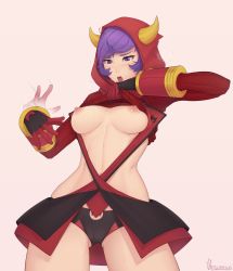 Rule 34 | 1girl, absurdres, black panties, breasts, cameltoe, clothes lift, courtney (pokemon), courtney (pokemon oras), creatures (company), flapping, game freak, highres, navel, nintendo, nipples, panties, pokemon, pokemon oras, purple eyes, purple hair, shirt lift, solo, stomach, sweat, underwear, undressing, unsomnus