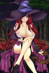 Rule 34 | 1girl, bad id, bad pixiv id, bare shoulders, black panties, breasts, cleavage, detached sleeves, dragon&#039;s crown, dress, hat, hat over one eye, huge breasts, large breasts, leg lift, legs, long hair, long skirt, looking at viewer, one eye covered, outdoors, panties, panties around leg, panty pull, pink eyes, purple eyes, red hair, shirokuma a, shoes, side slit, sitting, skirt, smile, solo, sorceress (dragon&#039;s crown), staff, strapless, strapless dress, underwear, undressing, vanillaware, weapon, witch, witch hat, wood