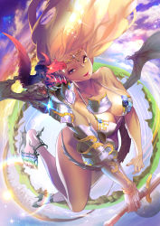 Rule 34 | 1girl, absurdres, anklet, armor, bare shoulders, barefoot, blonde hair, breasts, cleavage, cloud, collarbone, commentary, dragon, english commentary, flying, high heels, highres, horns, jewelry, large breasts, lips, lipstick, long hair, looking at viewer, lucy (bechoco), makeup, mountain, original, sky, smile, solo, sparkle, star (sky), starry sky, sun, swimsuit, weapon, wings, yellow eyes