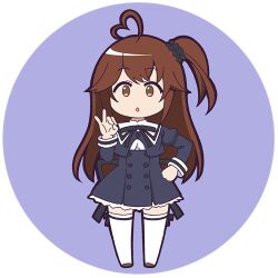 Rule 34 | 1girl, :o, ahoge, assault lily, black ribbon, black scrunchie, black skirt, brown footwear, brown hair, chibi, commentary request, cropped jacket, frilled skirt, frills, full body, hair ornament, hair scrunchie, hand on own hip, hand up, heart, heart ahoge, high-waist skirt, juliet sleeves, leg ribbon, long hair, long sleeves, looking at viewer, lowres, masaki itsuki, miniskirt, neck ribbon, one side up, parted lips, puffy sleeves, purple background, ribbon, round image, school uniform, scrunchie, shoes, sign language, simple background, skirt, solo, standing, takasuga tsukushi, thigh ribbon, thighhighs, transparent background, very long hair, white thighhighs, yellow eyes, yurigaoka girls academy school uniform, zettai ryouiki