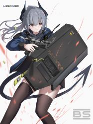 Rule 34 | 1girl, absurdres, arknights, ballistic shield, black thighhighs, blue jacket, brown eyes, character name, commentary, dazzler (weapon), electroshock weapon, feet out of frame, flash shield, flashlight, grey background, grey hair, gun, handgun, highres, holding, holding gun, holding weapon, horns, jacket, less-than-lethal weapon, liskarm (arknights), long hair, long sleeves, pistol, ponytail, rynn (rynn cube), shield, simple background, solo, standing, stun shield, tail, thighhighs, thighs, weapon, zettai ryouiki