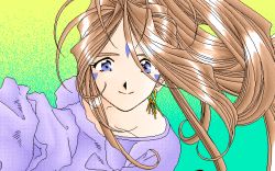 Rule 34 | 1girl, aa megami-sama, antenna hair, belldandy, blue eyes, brown hair, dithering, earrings, facial mark, forehead mark, gradient background, jewelry, long hair, looking at viewer, pc-98 (style), pixel art, smile, solo, source request, upper body