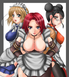 Rule 34 | 1041 (toshikazu), 3girls, :d, apron, black hair, blonde hair, blue eyes, breasts, brown eyes, choker, cleavage, double bun, glasses, hands on own hips, hualin, large breasts, looking at viewer, lynette, maid, maid apron, maid headdress, multiple girls, open mouth, red hair, smile, soul calibur, soulcalibur iii, valeria
